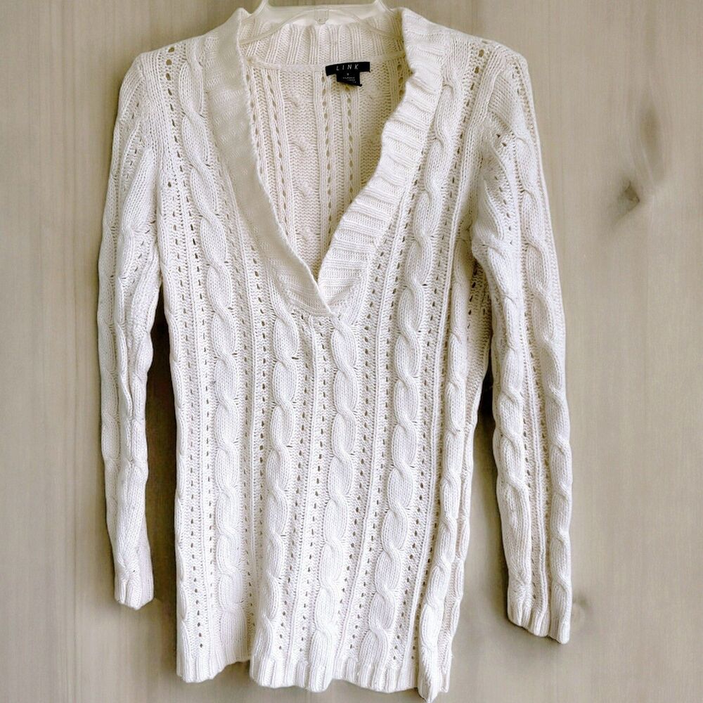VTG Women’s V-Neck Tunic Cable Knit Ivory Long Sleeve Rare Sweater Link Sz S